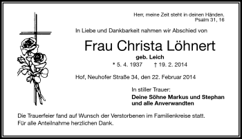 Traueranzeige von Christa Löhnert von Frankenpost