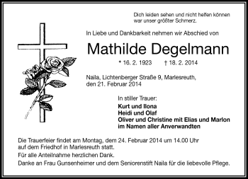 Traueranzeige von Mathilde Degelmann von Frankenpost