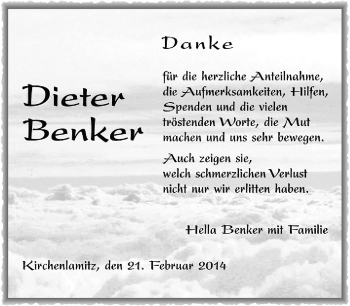 Traueranzeige von Dieter Benker von Frankenpost