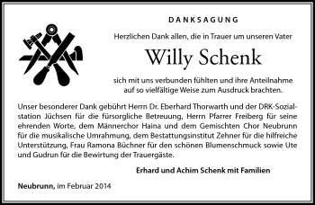 Traueranzeige von Willy Schenk von Südthüringer Presse