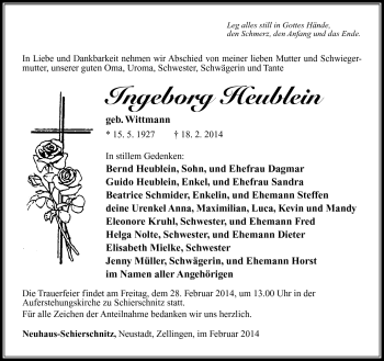 Traueranzeige von Ingeborg Heublein von Südthüringer Presse