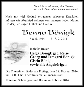 Traueranzeige von Benno Bönigk von Südthüringer Presse