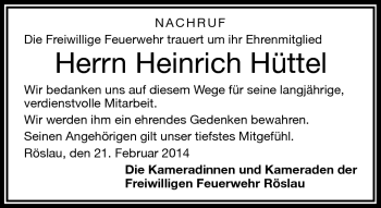 Traueranzeige von Heinrich Hüttel von Frankenpost