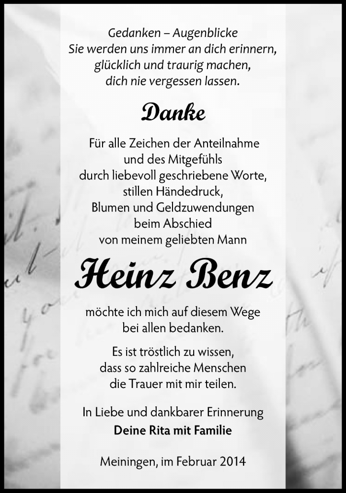 Traueranzeige für Heinz Benz vom 22.02.2014 aus Südthüringer Presse