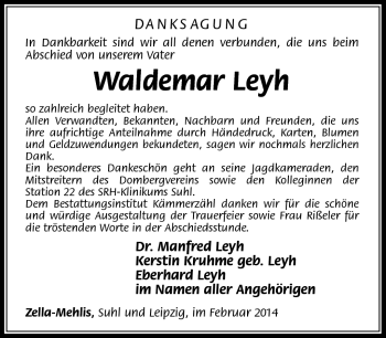 Traueranzeige von Waldemar Leyh von Südthüringer Presse