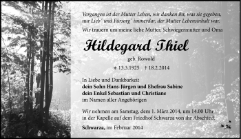Traueranzeige von Hildegard Thiel von Südthüringer Presse
