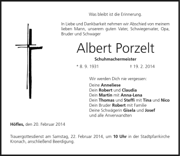 Traueranzeige von Albert Porzelt von Neue Presse Coburg