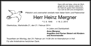 Traueranzeige von Heinz Mergner von Frankenpost
