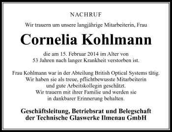 Traueranzeige von Cornelia Kohlmann von Südthüringer Presse