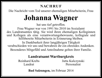 Traueranzeige von Johanna Wagner von Südthüringer Presse