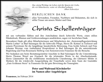 Traueranzeige von Christa Schellenträger von Südthüringer Presse