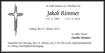 Traueranzeige von Jakob Rimmer von Frankenpost