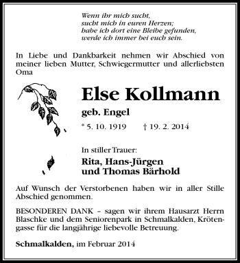 Traueranzeige von Else Kollmann von Südthüringer Presse
