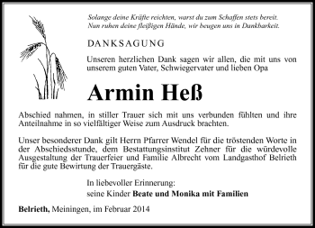Traueranzeige von Armin Heß von Südthüringer Presse