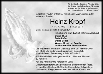 Traueranzeige von Heinz Kropf von Frankenpost