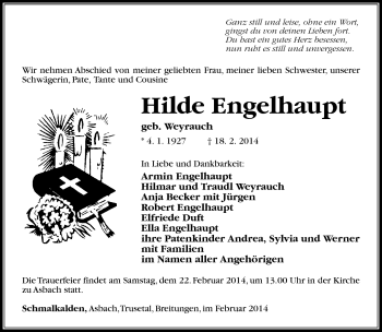 Traueranzeige von Hilde Engelhaupt von Südthüringer Presse