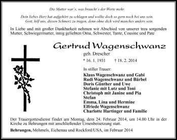 Traueranzeige von Gertrud Wagenschwanz von Südthüringer Presse