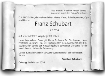 Traueranzeige von Franz Schubart von Neue Presse Coburg