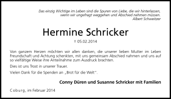 Traueranzeige von Hermine Schricker von Neue Presse Coburg