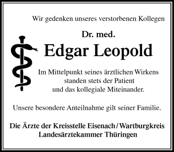 Traueranzeige von Edgar Leopold von Südthüringer Presse
