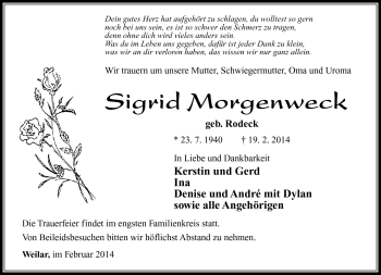 Traueranzeige von Sigrid Morgenweck von Südthüringer Presse