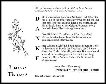 Traueranzeige von Luise Baier von Südthüringer Presse