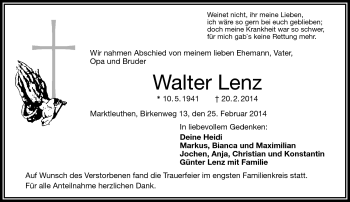 Traueranzeige von Walter Lenz von Frankenpost