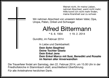 Traueranzeige von Alfred Bittermann von Frankenpost