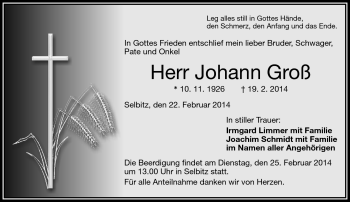 Traueranzeige von Johann Groß von Frankenpost