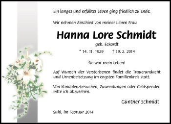 Traueranzeige von Hanna Lore Schmidt von Südthüringer Presse