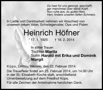 Traueranzeige von Heinrich Höfner von Neue Presse Coburg