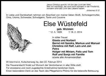 Traueranzeige von Else Wüstefeld von Neue Presse Coburg