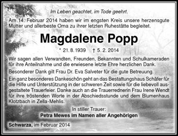 Traueranzeige von Magdalene Popp von Südthüringer Presse