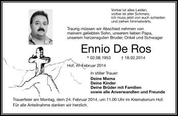 Traueranzeige von Ennio De Ros von Frankenpost