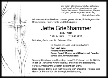 Traueranzeige von Jette Grießhammer von Frankenpost