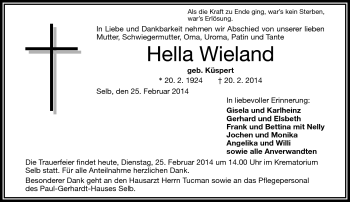 Traueranzeige von Hella Wieland von Frankenpost