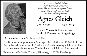 Traueranzeige von Agnes Gleich von Neue Presse Coburg