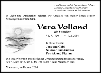 Traueranzeige von Vera Volland von Südthüringer Presse