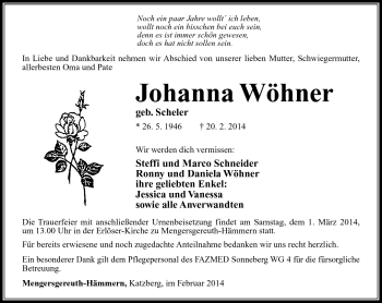 Traueranzeige von Johanna Wöhner von Südthüringer Presse