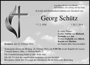 Traueranzeige von Georg Schütz von Neue Presse Coburg