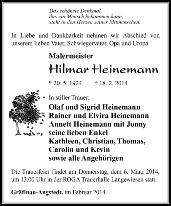 Traueranzeige von Hilmar Heinemann von Südthüringer Presse