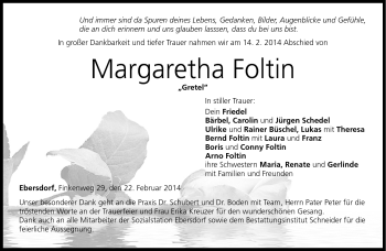 Traueranzeige von Margaretha Foltin von Neue Presse Coburg