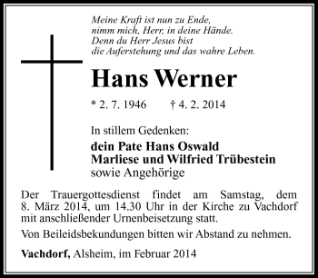 Traueranzeige von Hans Werner von Südthüringer Presse