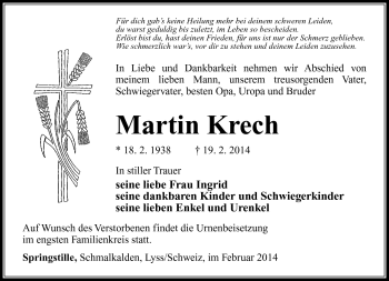 Traueranzeige von Martin Krech von Südthüringer Presse
