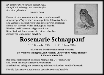 Traueranzeige von Rosemarei Schnappauf von Neue Presse Coburg