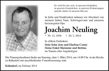 Traueranzeige von Joachim Neuling von Südthüringer Presse