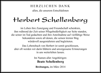 Traueranzeige von Herbert Schellenberg von Südthüringer Presse