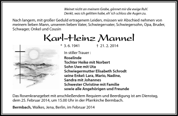 Traueranzeige von Karl-Heinz Mannel von Südthüringer Presse