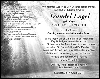 Traueranzeige von Traudel Engel von Südthüringer Presse