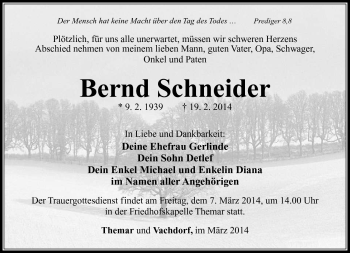 Traueranzeige von Bernd Schneider von Südthüringer Presse